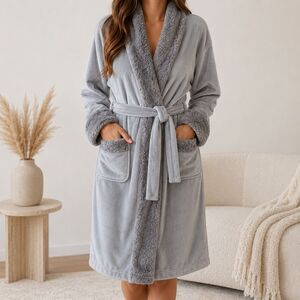 Pottery Barn Bathrobe Faux Fur Trim Gray Womens Long Plush Cozy Loungewear